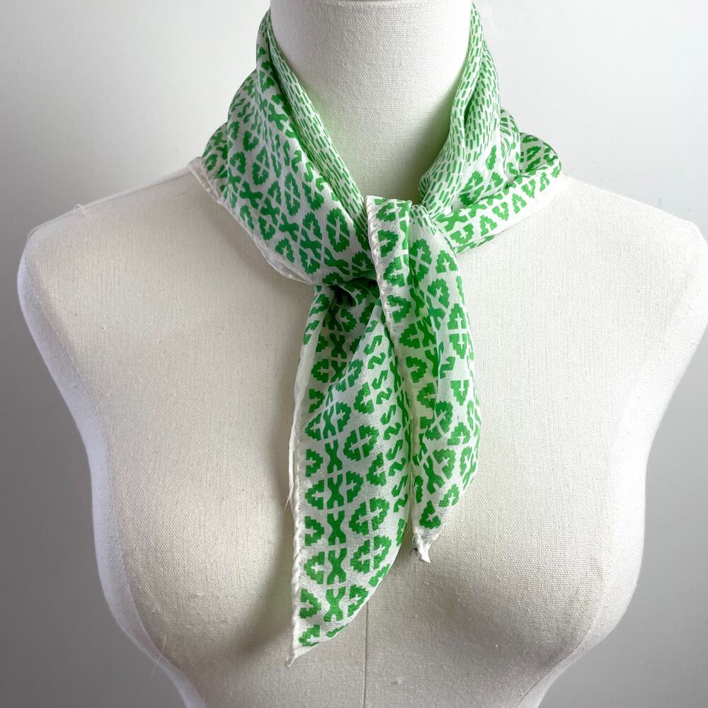 Vintage 70s Silk Square‎ Scarf Green White Colorful Geometric Abstract Japan